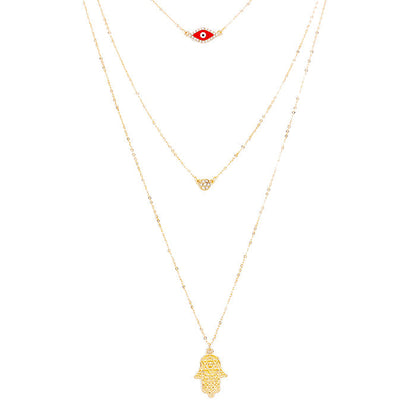 Triple Layered Crystal Evil Eye Hamsa Hand Pendant Necklace, belief says when someone eyes your good fortune with jealousy or gluttony, bad luck in some form is bound to befall you, the evil eye necklace is seen as a symbol to protect & ward off negative energy. Hamsa Hand brings its owner happiness, luck, health & good fortune, wearing this can bring you good luck! Great gift: Vacation, Birthday, Anniversary, Christmas, Just Because, Valentine's, Mother's day, Easter