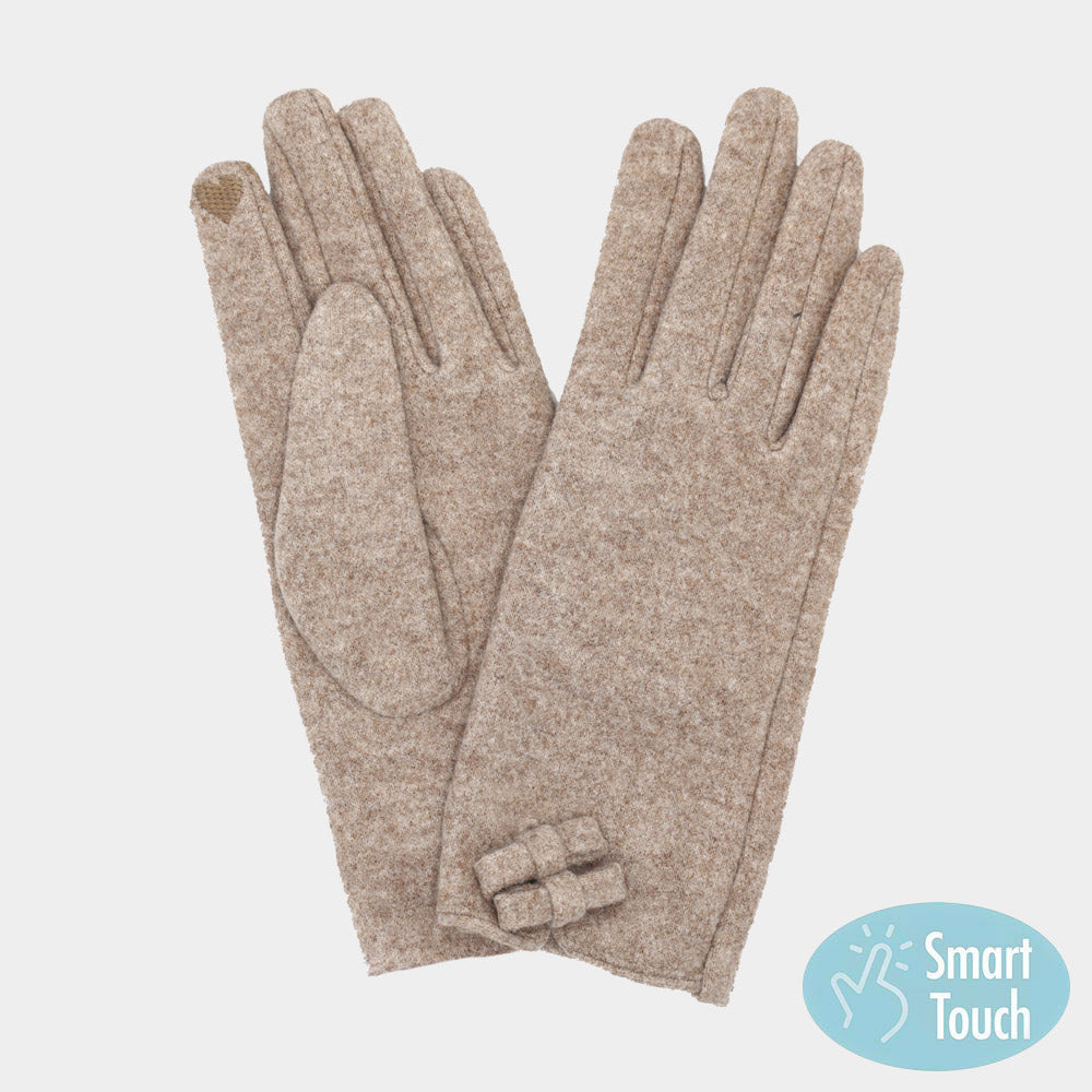Taupe Two Mini Bow Accent Soft Smart Touch Winter Gloves