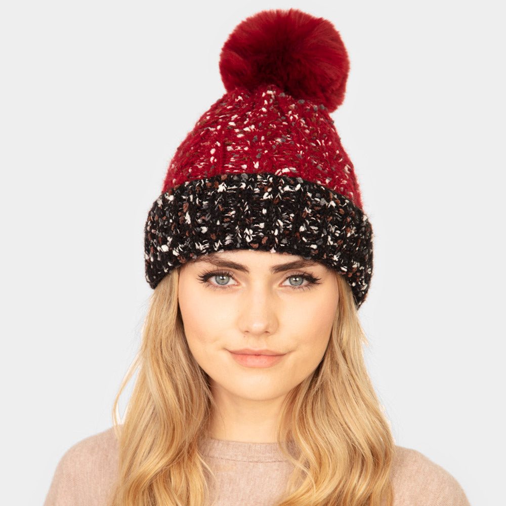 Red Two Tone Confetti Fleece Pom Pom Beanie Hat