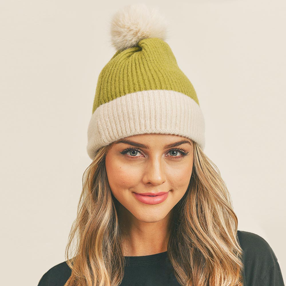 Olive Green Two Tone Knit Pom Pom Beanie Hat