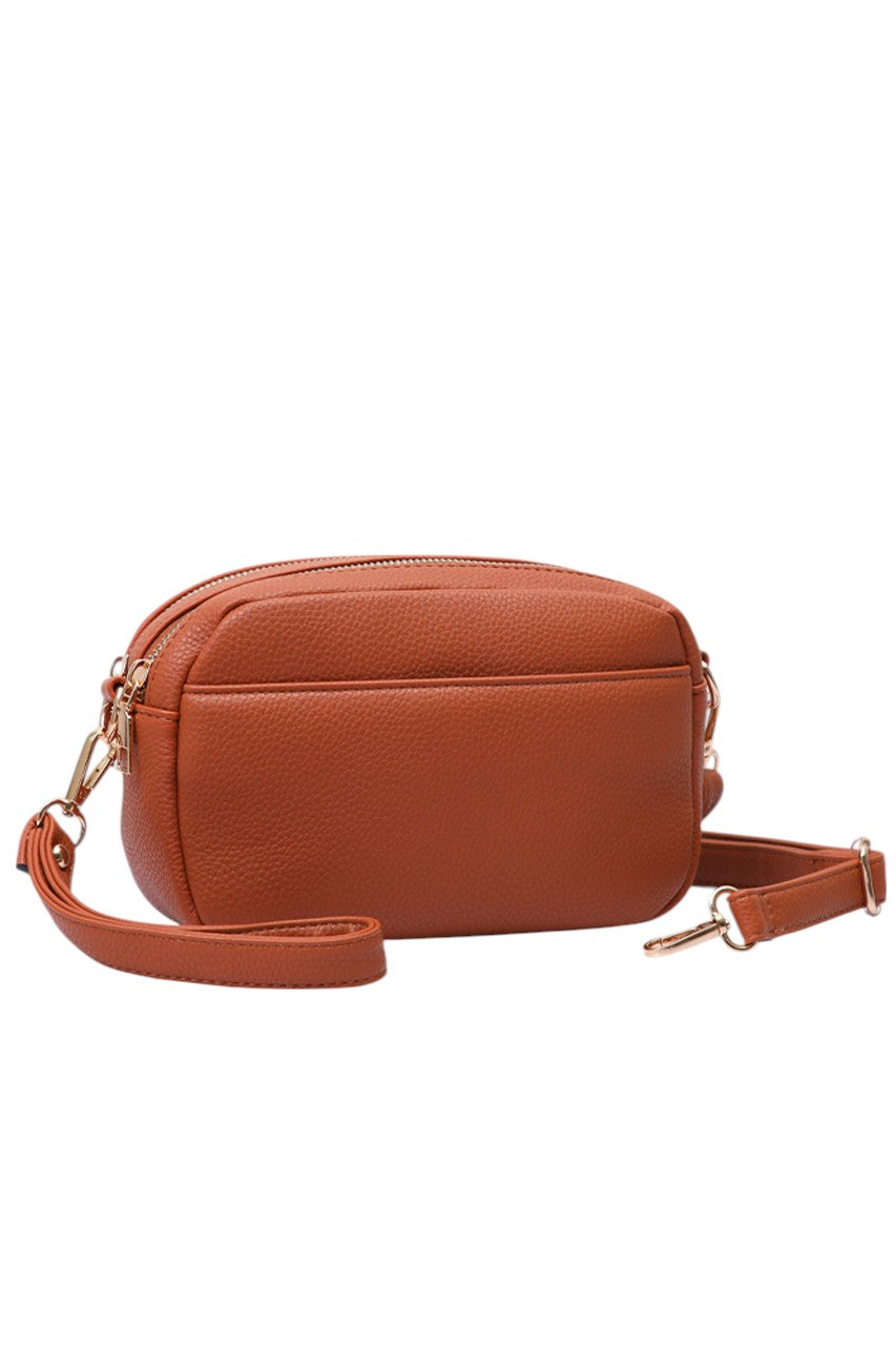 Two Zipper Solid PU Crossbody Bag - Tan - Crossbody Bag