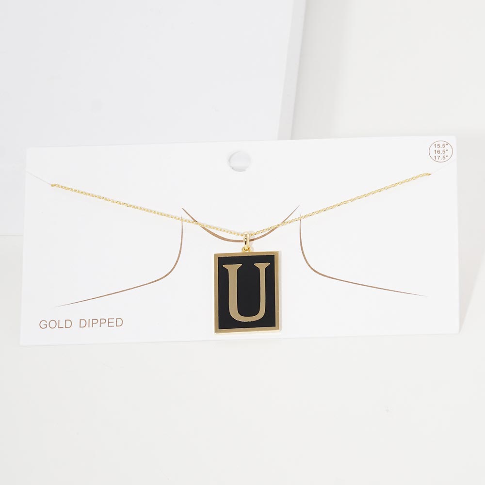 Gold -U- Gold Dipped Enamel Rectangle Initial Monogram Pendant Necklace