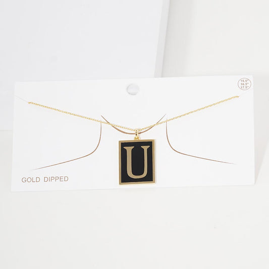 Gold -U- Gold Dipped Enamel Rectangle Initial Monogram Pendant Necklace