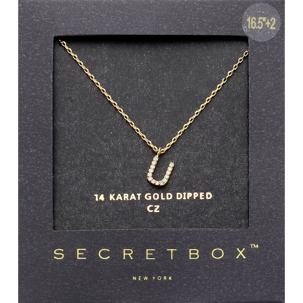 ~U~, Gold -U- Secret Box _ 14K Gold Dipped CZ Initial Monogram Pendant Necklace