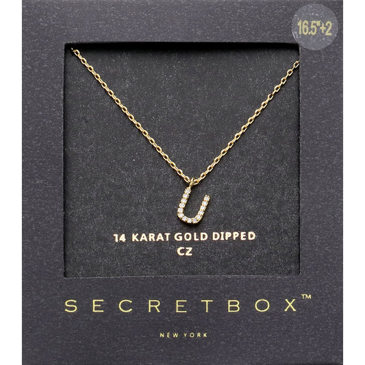 ~U~, Gold -U- Secret Box _ 14K Gold Dipped CZ Initial Monogram Pendant Necklace