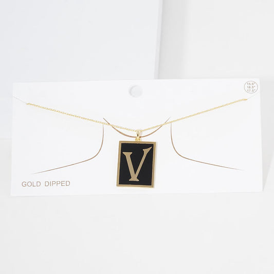 Gold -V- Gold Dipped Enamel Rectangle Initial Monogram Pendant Necklace