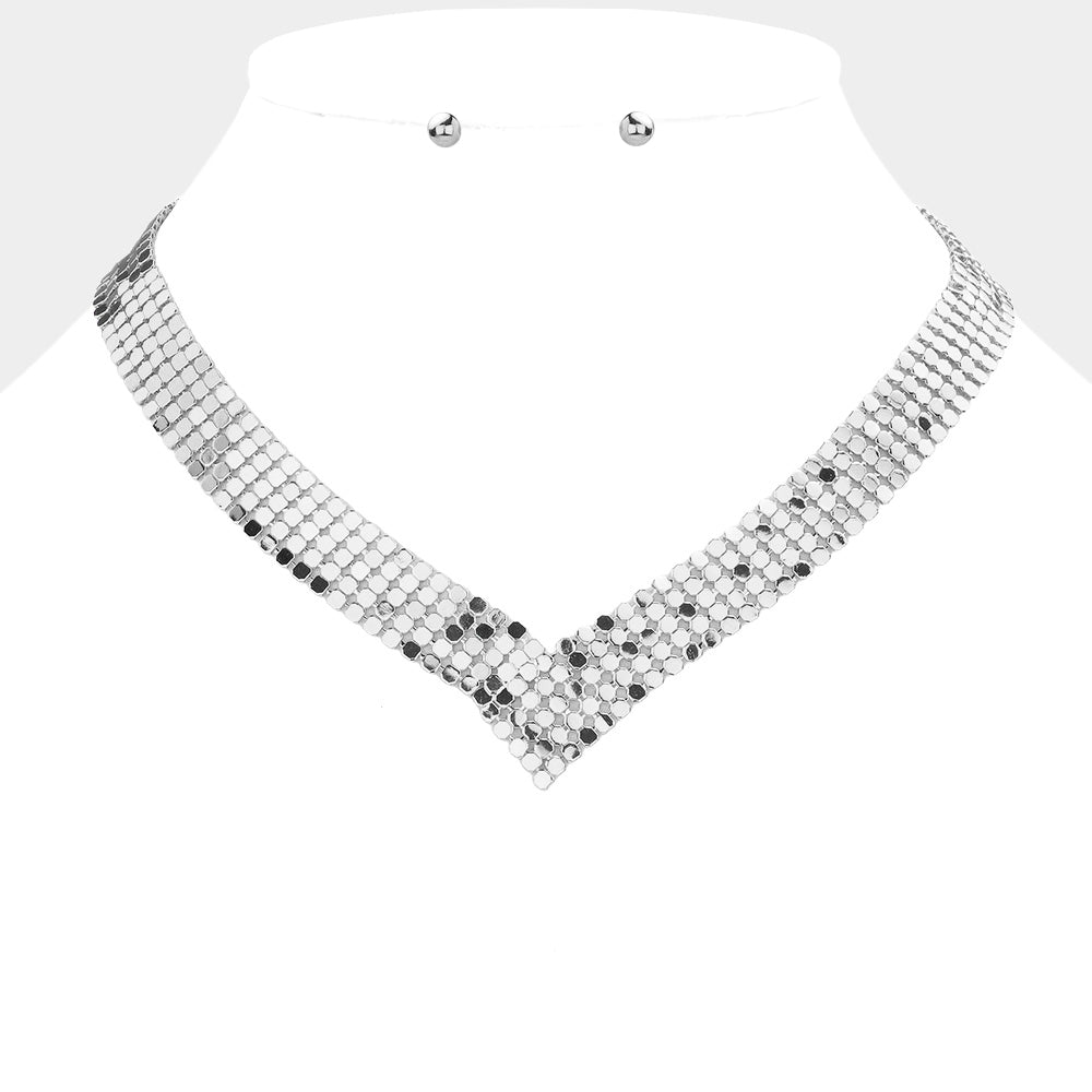 Rhodium V Shaped Metal Chain Necklace