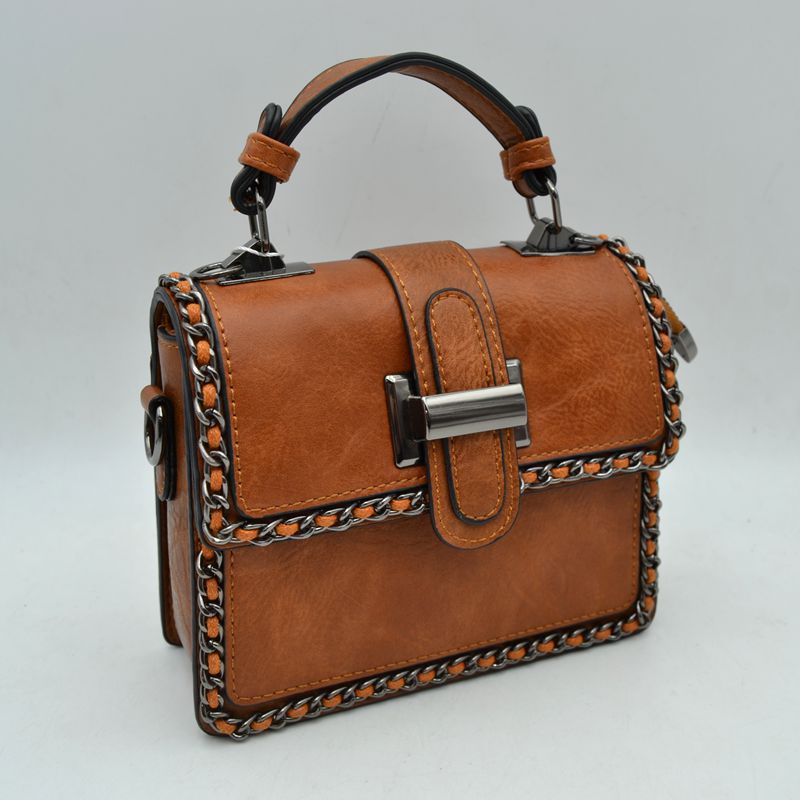 Women’s Structured Top-Handle Crossbody Bag with Woven Chain Trim - Brown - Crossbody Bags