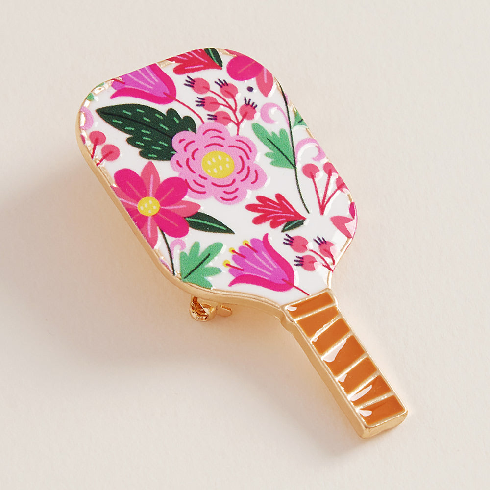 Hot Pink, Multi Vibrant Floral Enamel Pickleball Paddle Pin Brooch