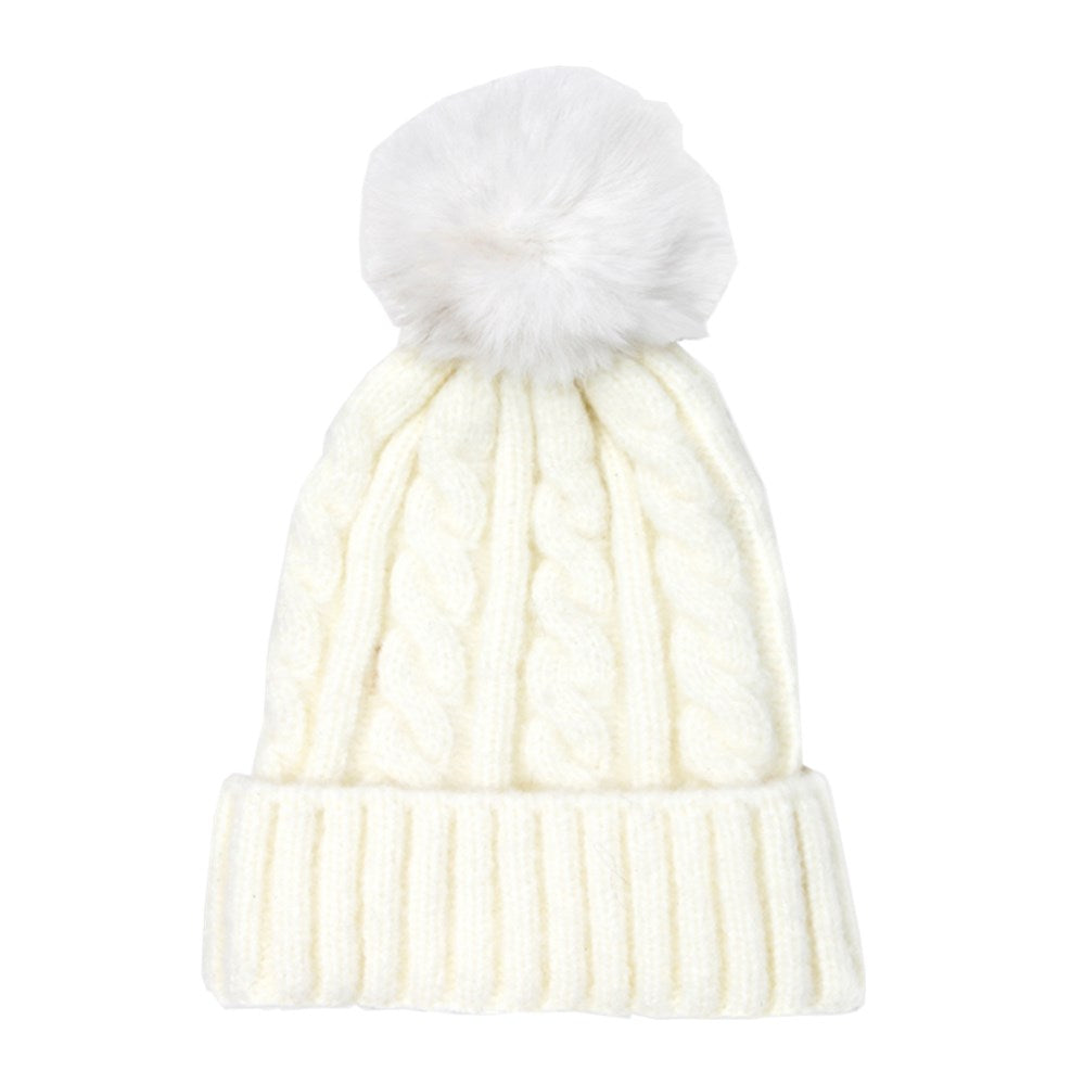 Chunky Warm Cable Knit Pom Pom Solid Beanie Winter Hat, accessorize the fun way with this faux fur pom pom knit hat, the autumnal touch you need to finish your outfit in style. Keep warm, be trendy; Great winter gift accessory! Gray, Beige, Black, Burgundy, Green, Ivory, Mustard, Navy, Pink, Red; One Size; 100% Acrylic