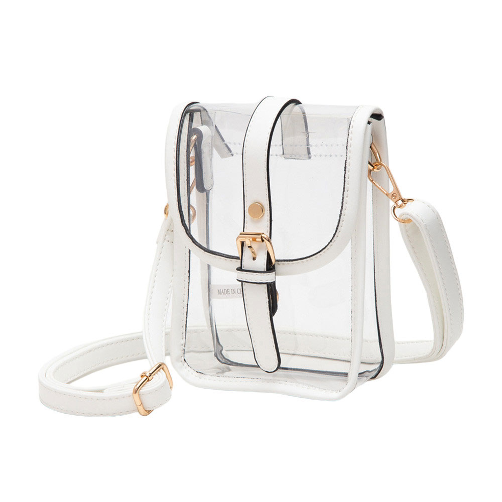 White-Faux Leather Belt Buckle Pointed Transparent Crossbody Bag , Expertly crafted from faux leather, this crossbody bag features a unique pointed design and transparent material, making it a modern and fashionable accessory. The belt buckle adds a touch of edginess, while the spacious interior allows for convenient storage
