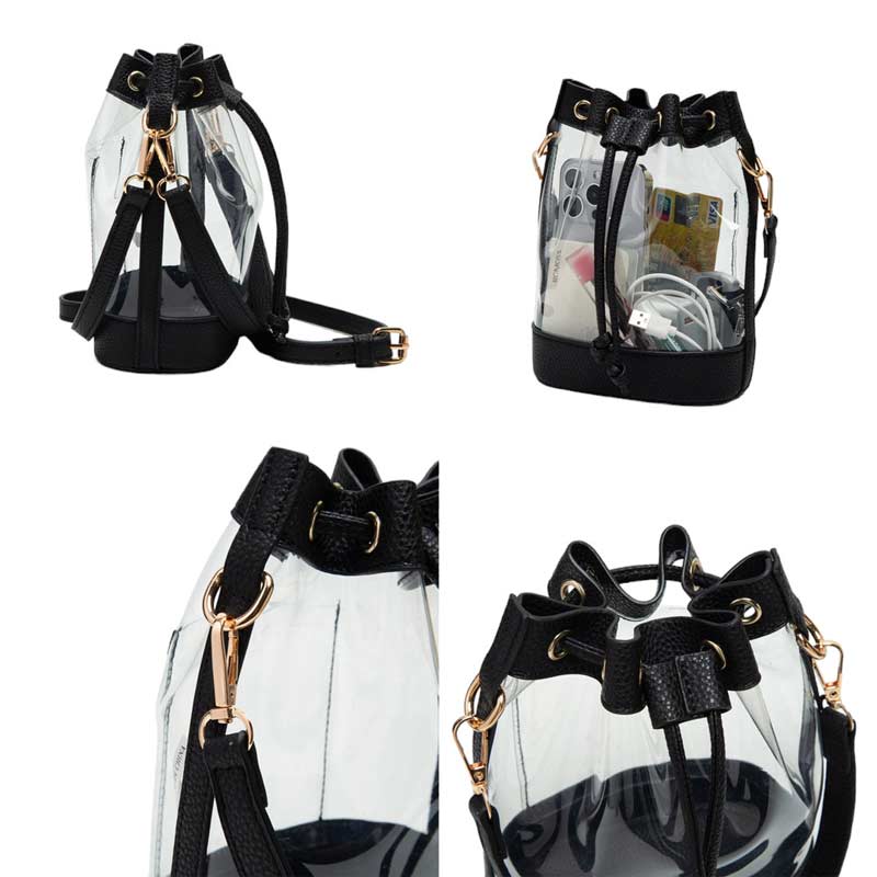 White-Solid Faux Leather Transparent Bucket Bag, The perfect accessory for your daily needs. Made of durable and trendy faux leather, this bag features a unique transparent design, allowing you to easily access your items while adding a touch of style to your outfit.