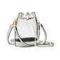 White-Solid Faux Leather Transparent Bucket Bag, The perfect accessory for your daily needs. Made of durable and trendy faux leather, this bag features a unique transparent design, allowing you to easily access your items while adding a touch of style to your outfit.