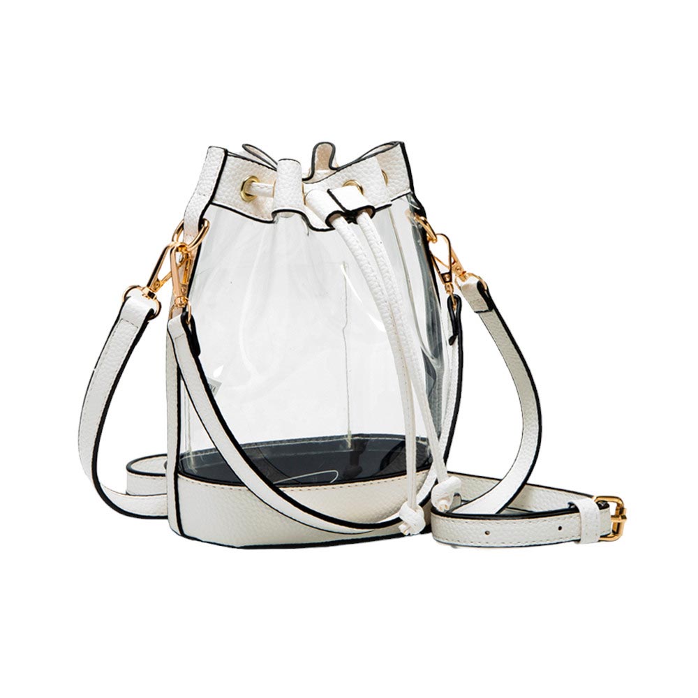White-Solid Faux Leather Transparent Bucket Bag, The perfect accessory for your daily needs. Made of durable and trendy faux leather, this bag features a unique transparent design, allowing you to easily access your items while adding a touch of style to your outfit.