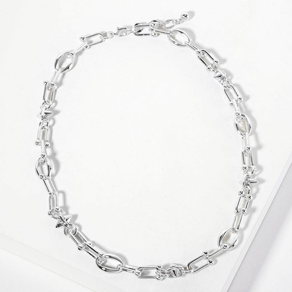 Rhodium White Gold Dipped Abstract Industrial Chain Necklace