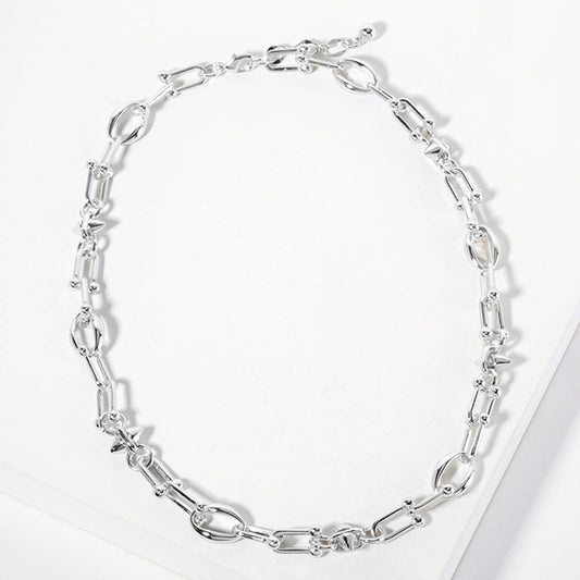 Rhodium White Gold Dipped Abstract Industrial Chain Necklace