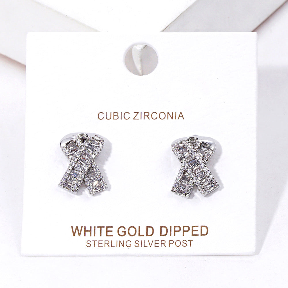 Rhodium White Gold Dipped CZ Pink Ribbon Stud Earrings