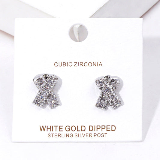 Rhodium White Gold Dipped CZ Pink Ribbon Stud Earrings