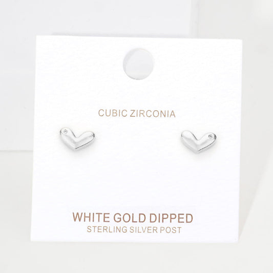 White Gold Dipped CZ Embellished Heart Stud Earrings - Rhodium - Earrings