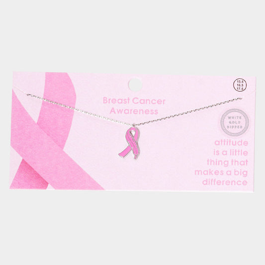 Rhodium White Gold Dipped Enamel Feather Detailed Pink Ribbon Pendant Necklace