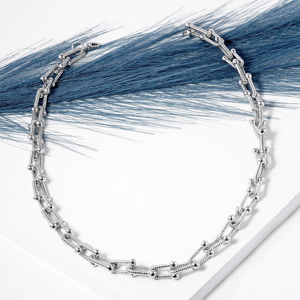 Rhodium White Gold Dipped Textured Metal Hardware Chain Necklace
