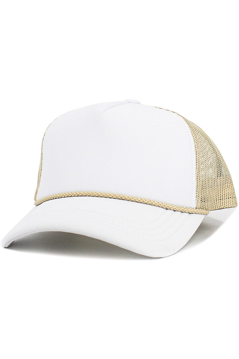 White This Two Tone Foam Rope String Trim Trucker Hat features a classic rope string trim and breathable mesh back for a laid-back, retro-inspired look. Lightweight and adjustable, it offers all-day comfort while adding effortless style to casual and outdoor outfits.