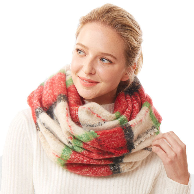Burgundy Winter Acrylic Colorful Plaid Check Infinity Scarf, accent your look with this soft, highly versatile plaid scarf. A rugged staple brings a classic look, adds a pop of color & completes your outfit, keeping you cozy & toasty. Perfect Gift Birthday, Holiday, Christmas, Anniversary, Valentine's Day