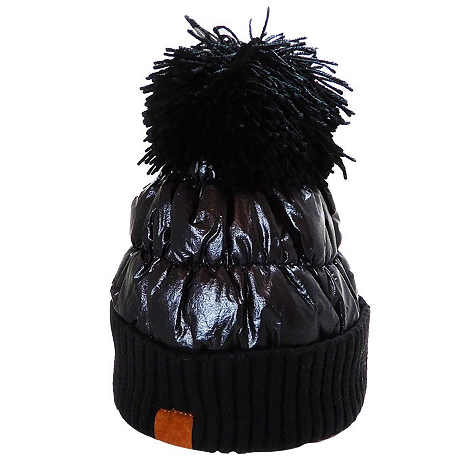 Black Puffer Knit Pom Pom Glossy Winter Cozy Beanie Hat.