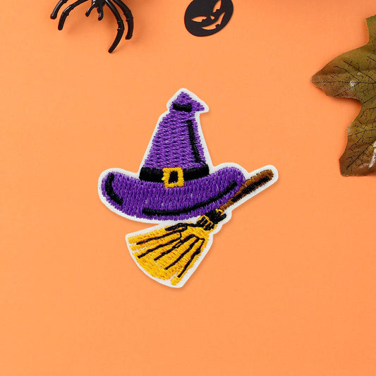 Purple Witch Hat Broom Iron On Patch