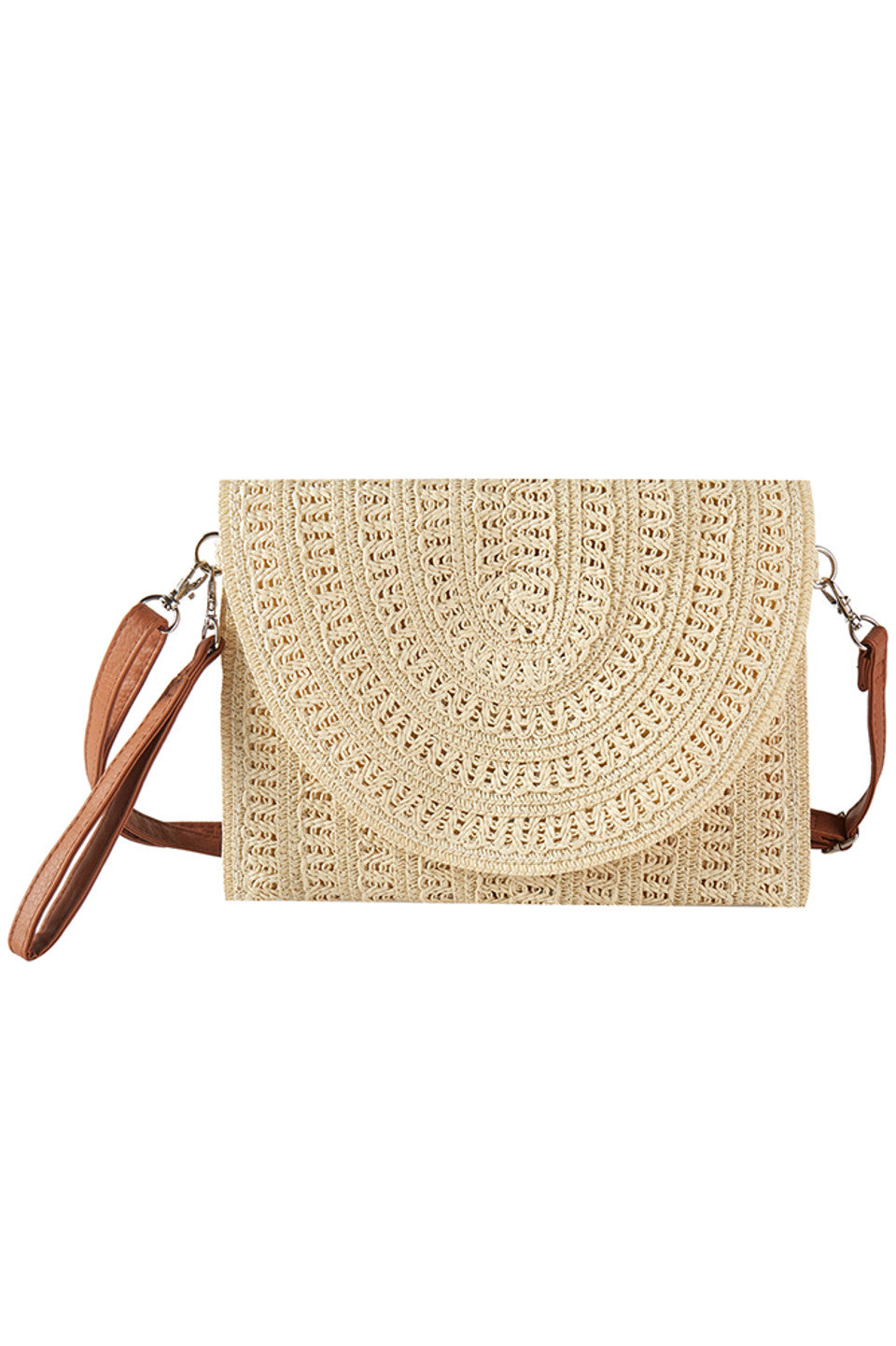 Woven Pattern Straw Clutch & Crossbody Bag combines artisanal craftsmanship with versatile design. Crafted from natural straw, its intricate woven pattern offers both durability and a distinctive aesthetic. The bag functions as a clutch for elegant occasions and converts to a crossbody for hands-free convenience, making it ideal for day-to-night use. Lightweight yet sturdy, it provides ample space for essentials while maintaining a sleek profile. Perfect for those seeking a refined accessory that blends tra
