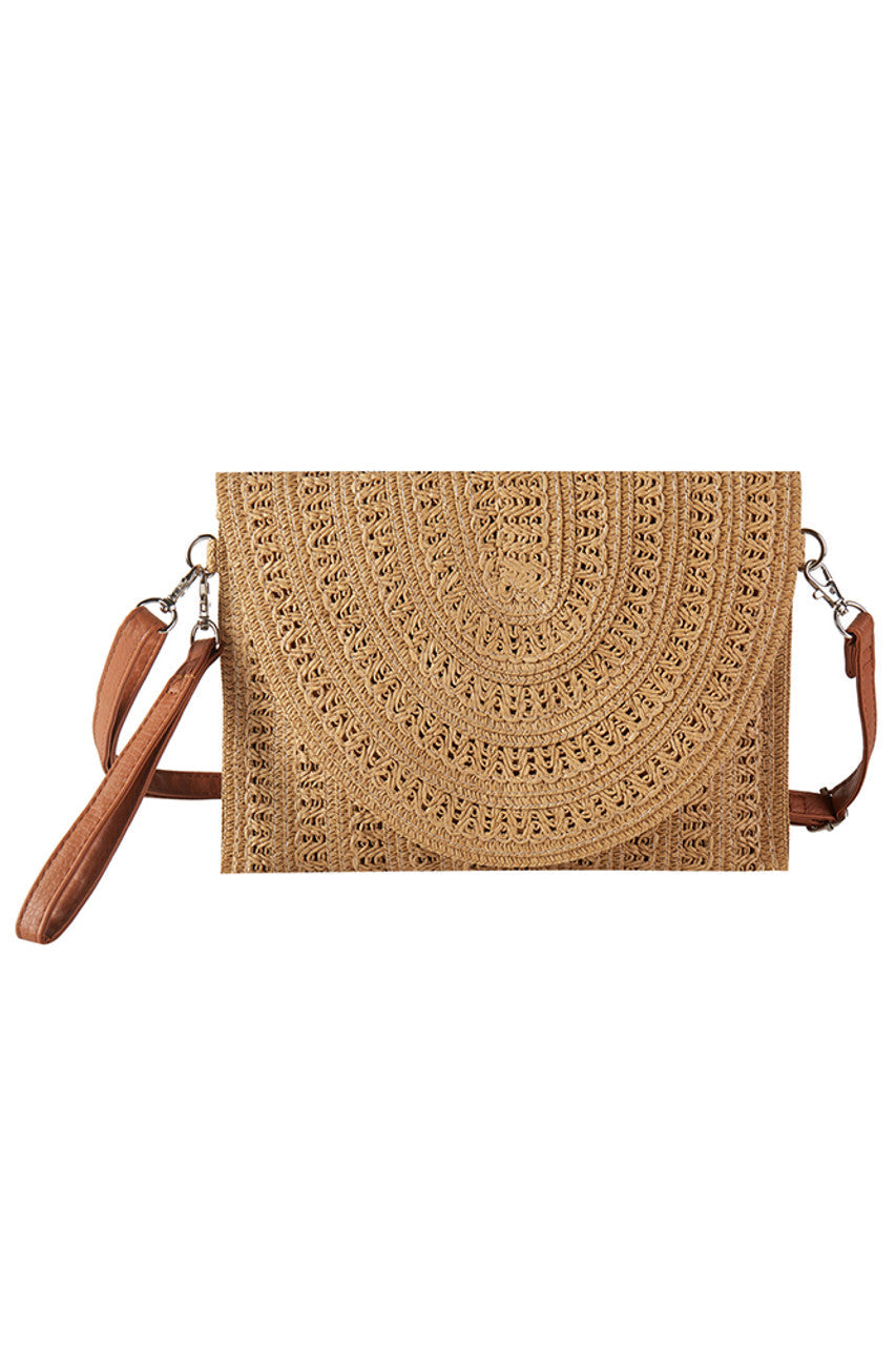 Woven Pattern Straw Clutch & Crossbody Bag - Taupe - Crossbody Bag