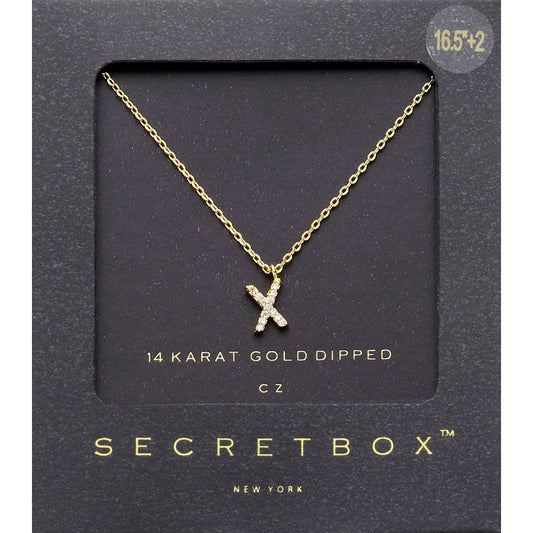 ~X~, Gold -X- Secret Box _ 14K Gold Dipped CZ Initial Monogram Pendant Necklace