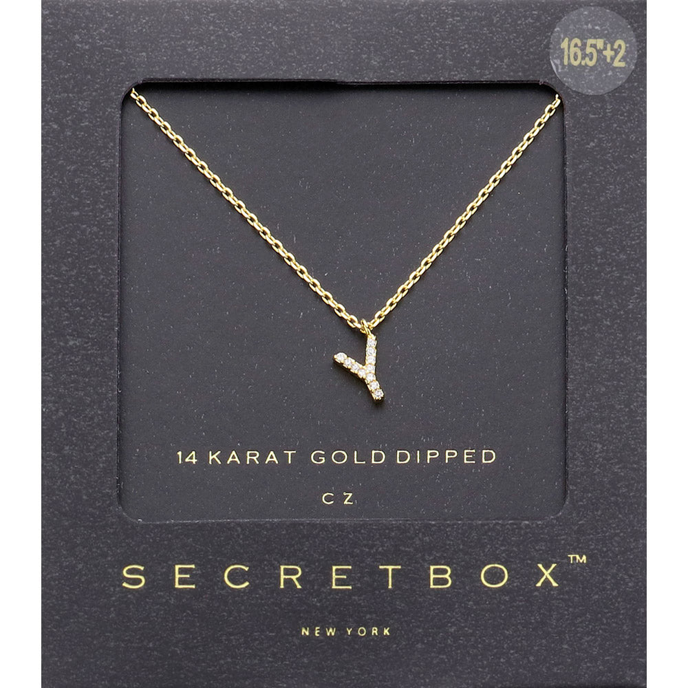 ~Y~, Gold -Y- Secret Box _ 14K Gold Dipped CZ Initial Monogram Pendant Necklace