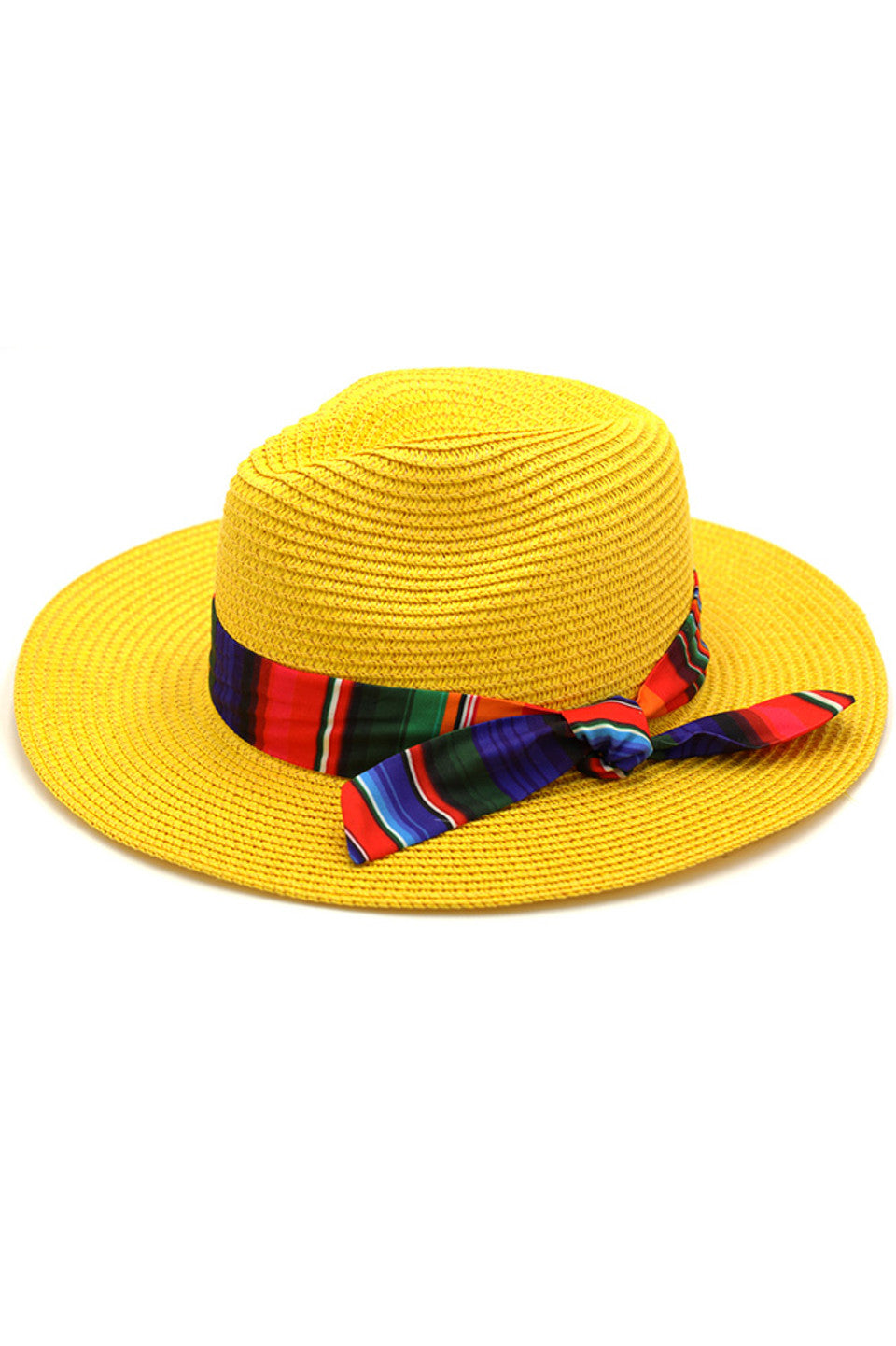 yellow Serape Band Panama Hat features a vibrant serape band, combining traditional weaving techniques with colorful Southwestern-inspired design. The breathable construction offers superior sun protection while maintaining a lightweight feel. Perfect for outdoor events, beach vacations, or adding a sophisticated touch to casual outfits. 