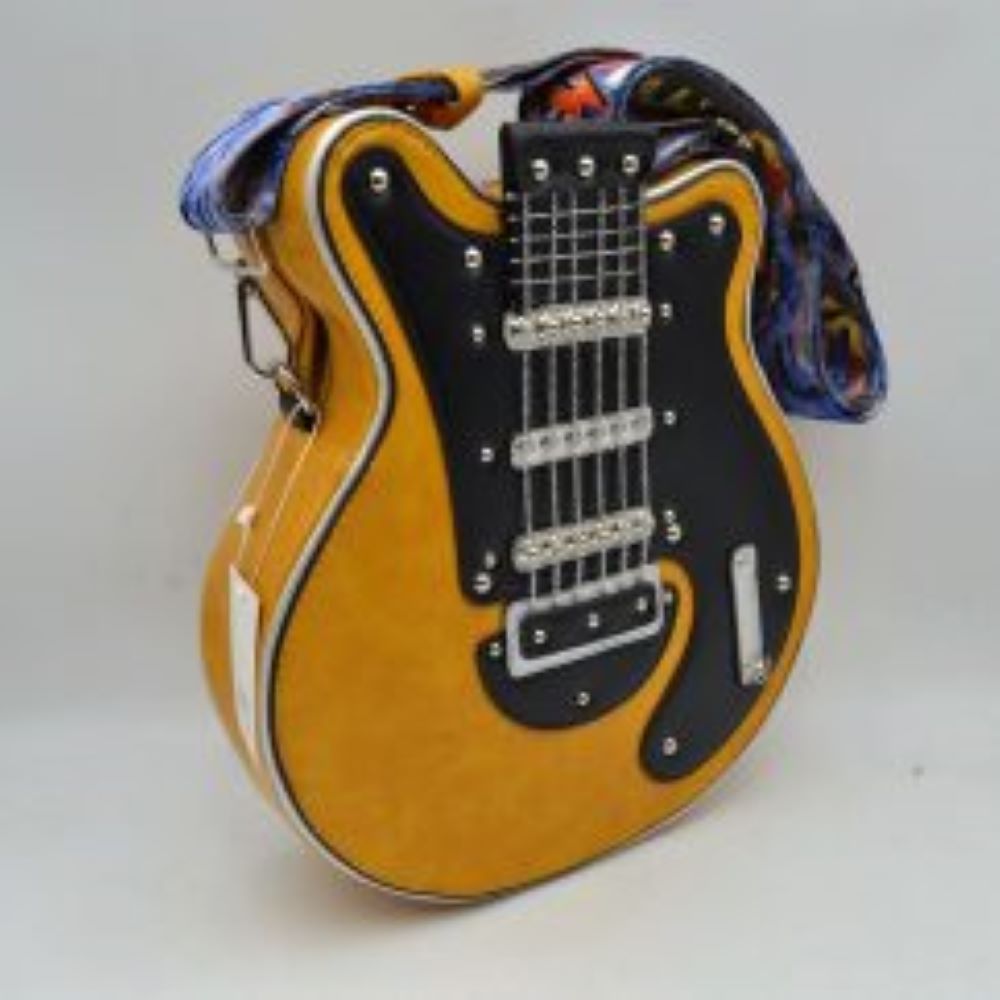 Yellow This unique novelty handbag features a structured silhouette designed to look like an electric guitar, making it an exceptional statement piece for music lovers. The prominent front panel showcases a color-blocked black and off-white design detailed with polished metallic studs, faux pickups, and delicate hanging chain links that mimic classic guitar strings. Equipped with a secure top zipper closure to keep your essentials safe