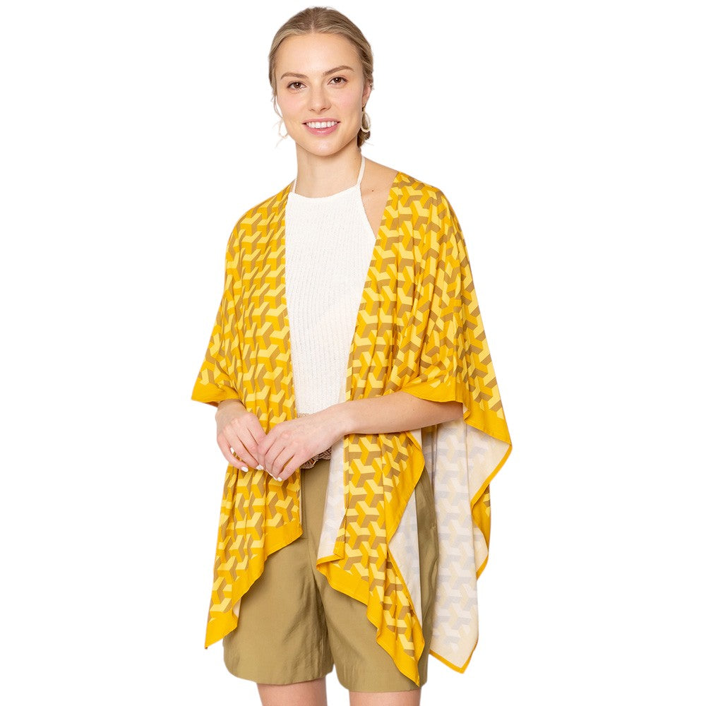 yellow  Geometric Pattern Print Ruana Poncho is a must-have addition to your wardrobe. Crafted with a unique geometric pattern, this poncho adds a touch of modern style to any outfit. Made with high-quality materials, it provides both comfort and durability. Perfect for any occasion, this versatile piece is a statement piece you won't miss out on. 