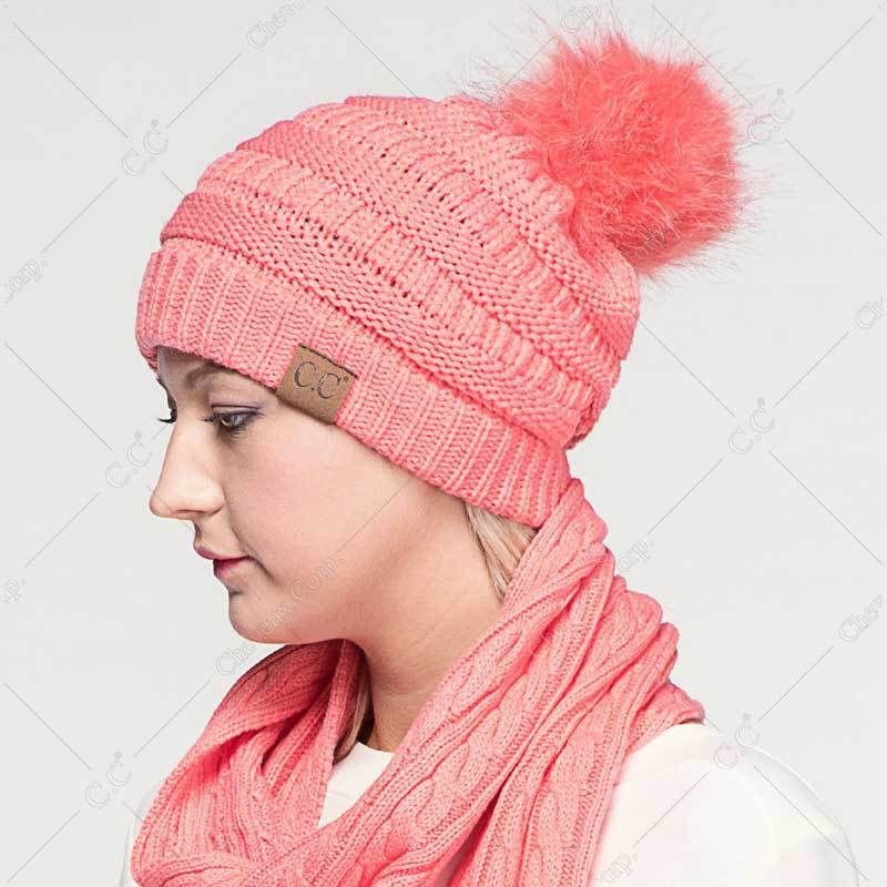 C.C Solid Ribbed Hat With Matching Faux Fur Pom