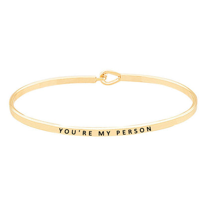 Gold You're My Person Brass Thin Metal Hook Bracelet. Look like the ultimate fashionista with these Bracelet! Add something special to your outfit this Valentine! special It will be your new favorite accessory. Perfect Birthday Gift, Anniversary Gift, Mother's Day Gift, Graduation Gift, Valentine's Day Gift.