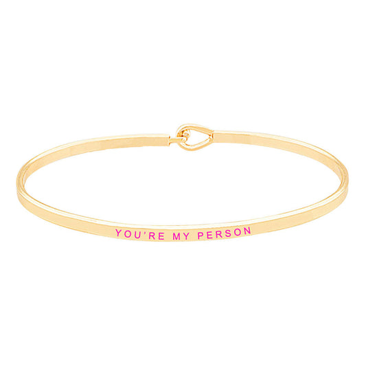 Gold Pink You're My Person Brass Thin Metal Hook Bracelet. Look like the ultimate fashionista with these Bracelet! Add something special to your outfit this Valentine! special It will be your new favorite accessory. Perfect Birthday Gift, Anniversary Gift, Mother's Day Gift, Graduation Gift, Valentine's Day Gift.