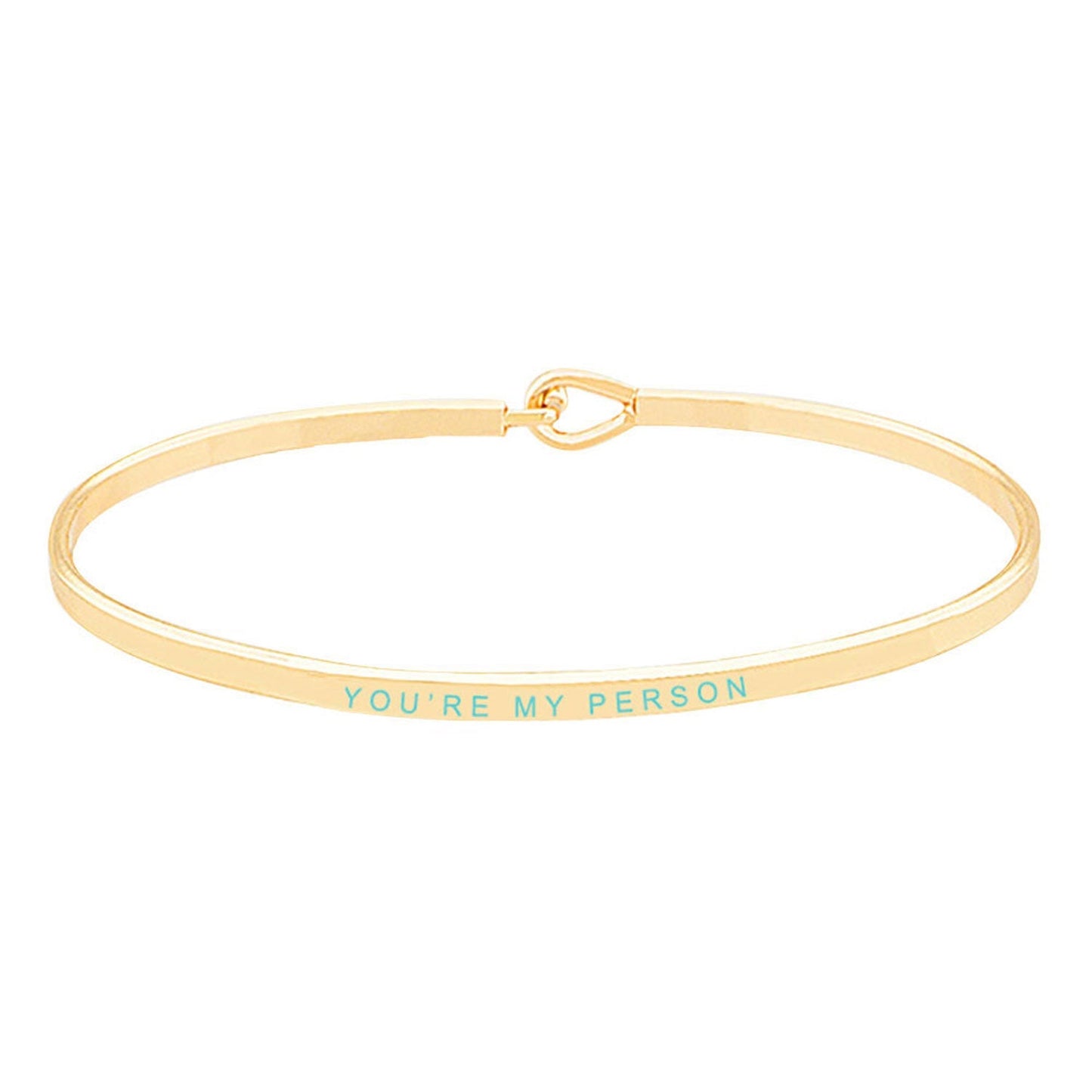 Gold Turquoise You're My Person Brass Thin Metal Hook Bracelet. Look like the ultimate fashionista with these Bracelet! Add something special to your outfit this Valentine! special It will be your new favorite accessory. Perfect Birthday Gift, Anniversary Gift, Mother's Day Gift, Graduation Gift, Valentine's Day Gift.
