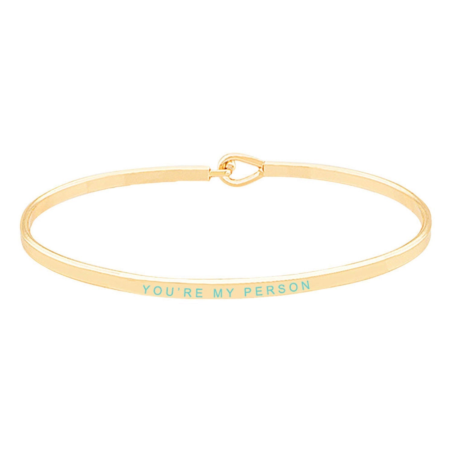 Gold Turquoise You're My Person Brass Thin Metal Hook Bracelet. Look like the ultimate fashionista with these Bracelet! Add something special to your outfit this Valentine! special It will be your new favorite accessory. Perfect Birthday Gift, Anniversary Gift, Mother's Day Gift, Graduation Gift, Valentine's Day Gift.