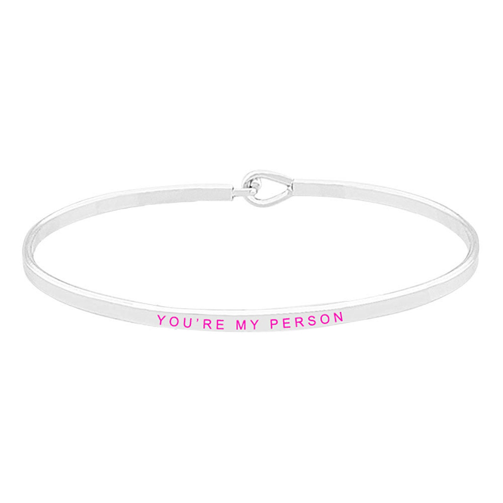 Rhodium Pink You're My Person Brass Thin Metal Hook Bracelet. Look like the ultimate fashionista with these Bracelet! Add something special to your outfit this Valentine! special It will be your new favorite accessory. Perfect Birthday Gift, Anniversary Gift, Mother's Day Gift, Graduation Gift, Valentine's Day Gift.