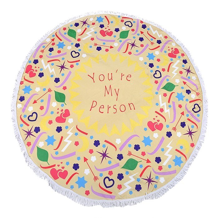 "You're my Person" Heart Round Beach Terry Towel / Blanket / Throw great for relaxing under the sun, it‚Äôs time to enjoy those summertime vibes with a fun beach vacay!  ‚Ä¢ Color : Yellow ‚Ä¢ Heart, Tassel  ‚Ä¢ Size : 60" X 60" ‚Ä¢ Material : 100% Cotton (Terry Towel) ‚Ä¢ Weight : 600 g ‚Ä¢ Beach Towel, Blanket, Throw