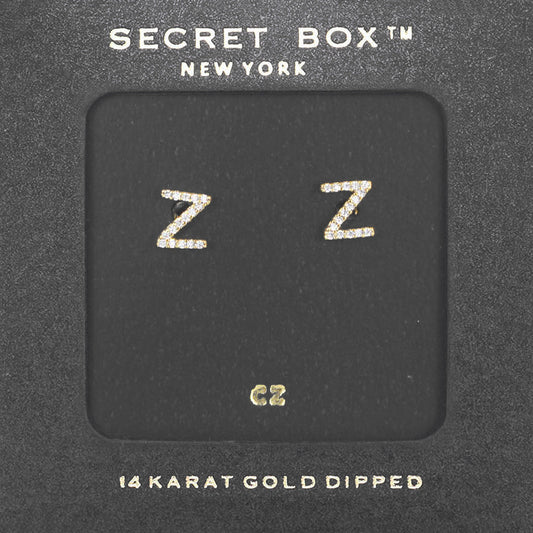 Gold -Z- Secret Box _ 14K Gold Dipped CZ Initial Monogram Stud Earrings