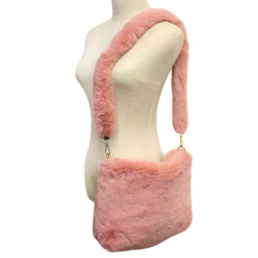 Pink Zipper Closure Solid Faux Fur Crossbody Bag, This high quality evening Crossbody is both unique and stylish. perfect for money, credit cards, keys or coins, comes with a wristlet for easy carrying, light and simple. Look like the ultimate fashionista carrying this trendy  Solid Faux Fur Crossbody Bag!