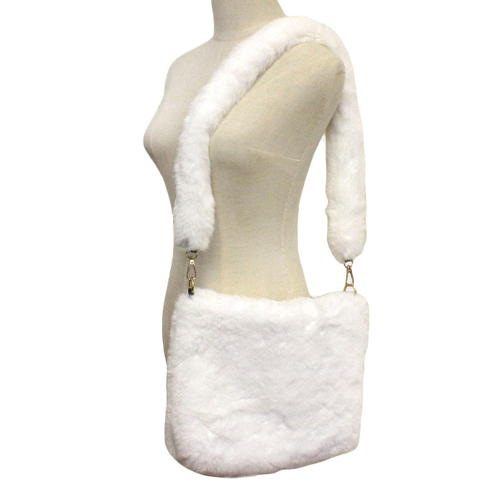 White Zipper Closure Solid Faux Fur Crossbody Bag, This high quality evening Crossbody is both unique and stylish. perfect for money, credit cards, keys or coins, comes with a wristlet for easy carrying, light and simple. Look like the ultimate fashionista carrying this trendy  Solid Faux Fur Crossbody Bag!