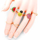 7pc Set Crystal Embellished Pineapple, Strawberry, Enameled Watermelon, Metal Rings, add a sweet treat to your look, this set of rings will show your tropical and fruity side ideal for any summer get together and embrace the beauty of nature and add the perfect pop of detail to your look. • Color: Gold • Theme : Fruits/Food • Size : 0.1" H - 0.7" H