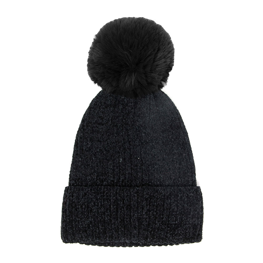 Black Solid Chenille Pom Pom Beanie Hat Pom Pom Winter Hat Chenille Beanie Hat Solid Color Hat Warm Beanie Womens Hat Solid Chenille Hat Faux Fur Pom Pom Hat Faux Fur Beanie