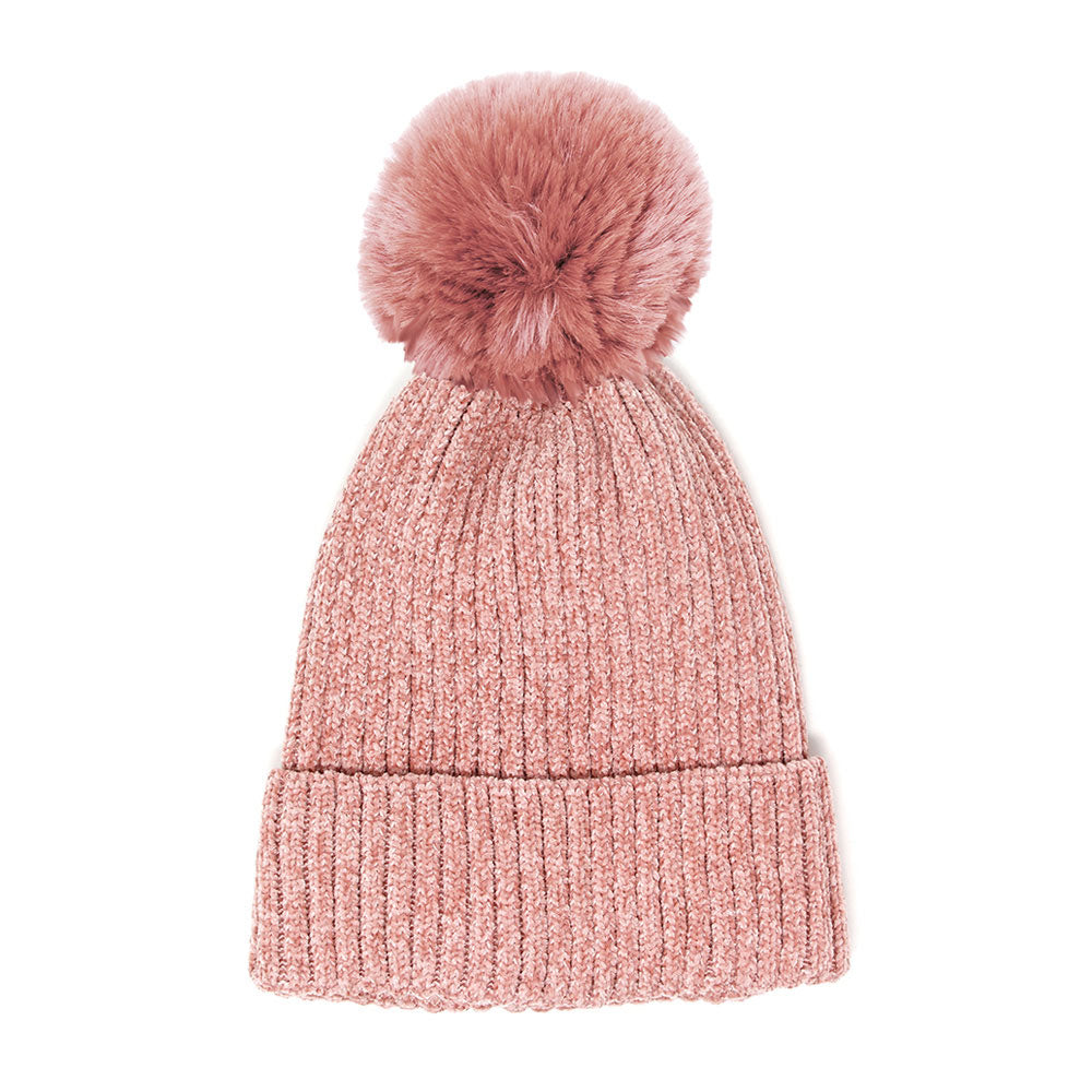 Pink Solid Chenille Pom Pom Beanie Hat Pom Pom Winter Hat Chenille Beanie Hat Solid Color Hat Warm Beanie Womens Hat Solid Chenille Hat Faux Fur Pom Pom Hat Faux Fur Beanie