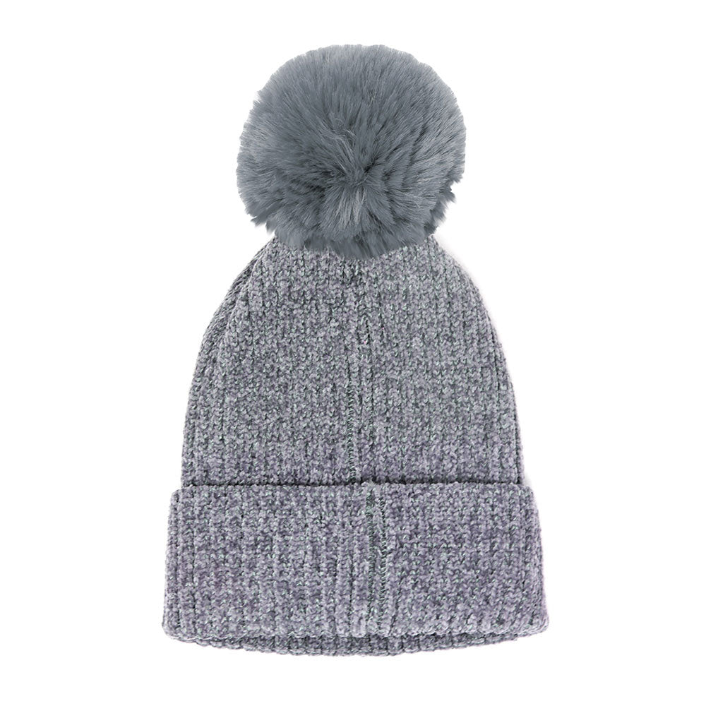 Gray Solid Chenille Pom Pom Beanie Hat Pom Pom Winter Hat Chenille Beanie Hat Solid Color Hat Warm Beanie Womens Hat Solid Chenille Hat Faux Fur Pom Pom Hat Faux Fur Beanie